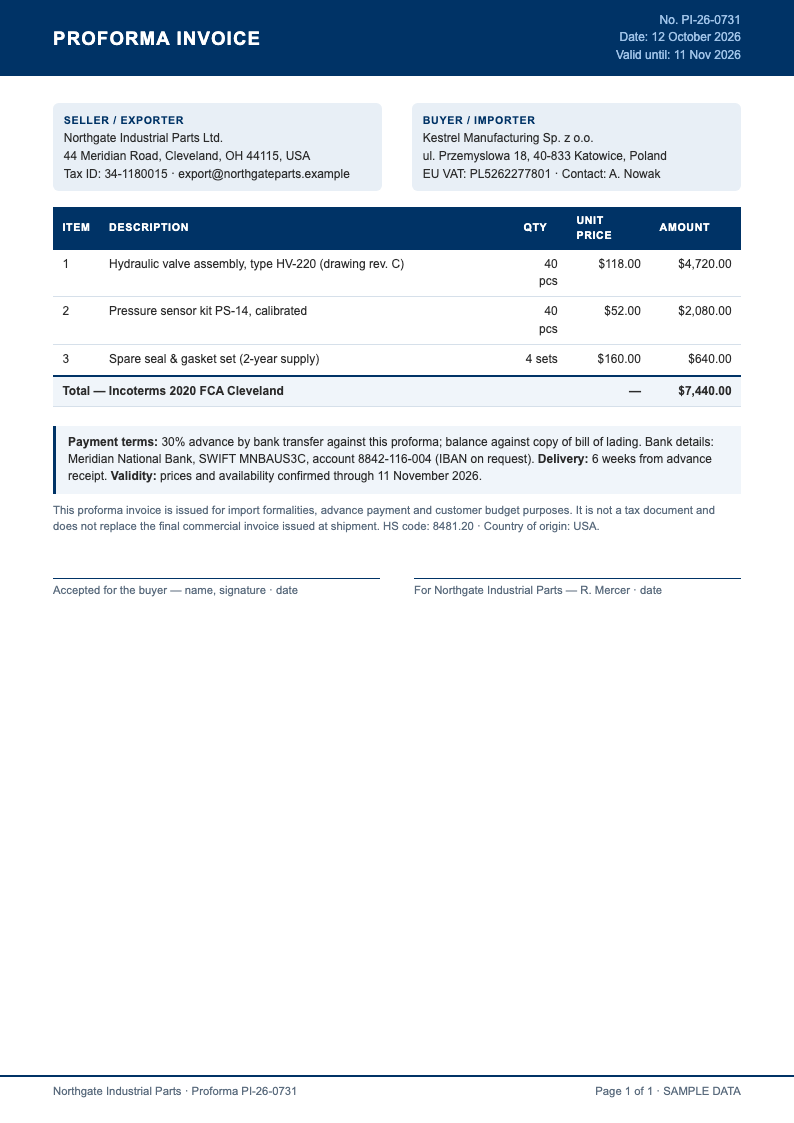 Corporate standard proforma invoice